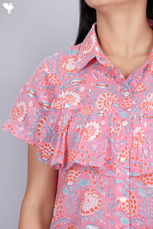 Cambric Cotton Button Down Top In Floral Block Print
