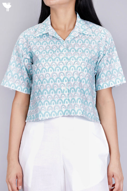 Cambric Cotton Crop Top In Graphic Block Print