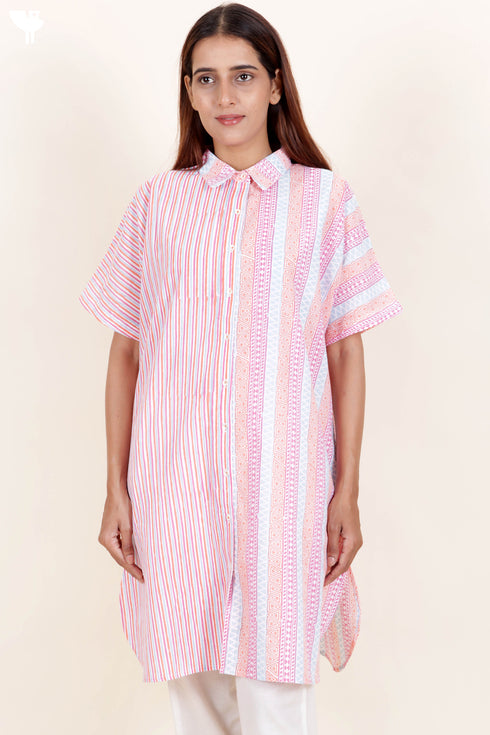 Cambric Cotton Boxy Shirt In Graphic Block Print