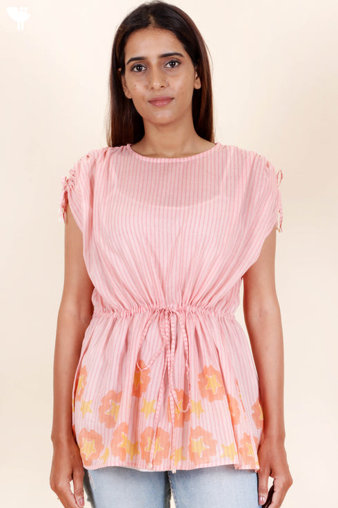 Mulmul Cotton Drawstring Top In Block Print