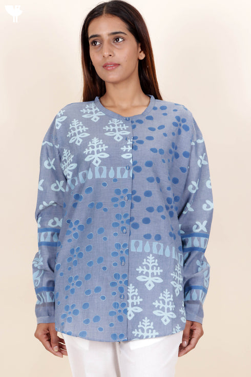 Chambray Cotton Button Down Top in Block Print