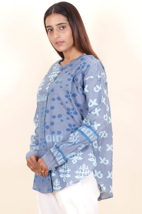 Chambray Cotton Button Down Top in Block Print
