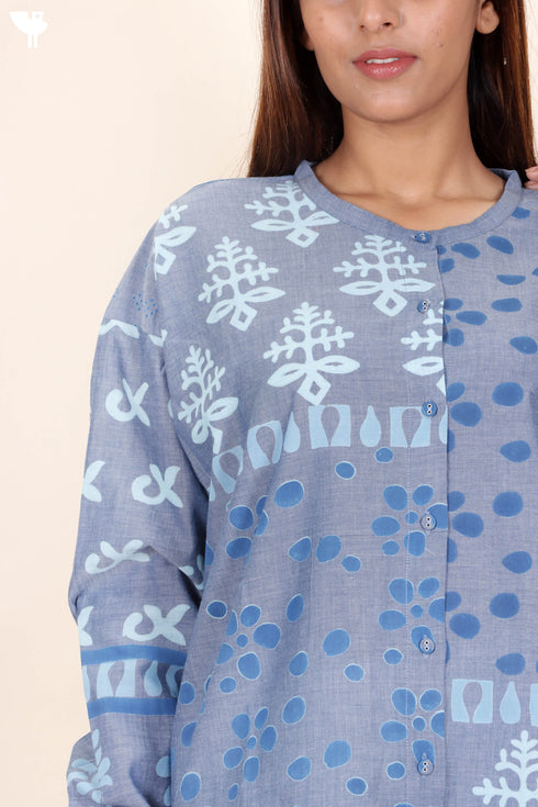 Chambray Cotton Button Down Top in Block Print