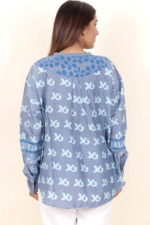 Chambray Cotton Button Down Top in Block Print