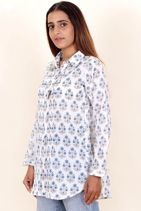 Mulmul Cotton Pleated Shirt In Floral Block Print