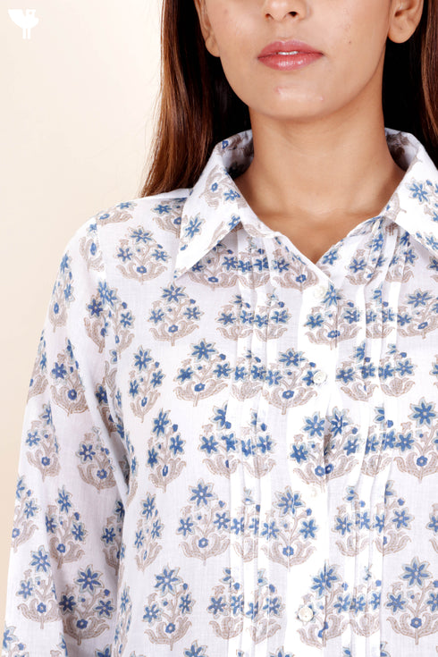 Mulmul Cotton Pleated Shirt In Floral Block Print