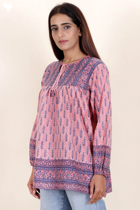 Mulmul Cotton Peasant Top In Floral Block Print