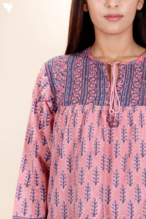Mulmul Cotton Peasant Top In Floral Block Print
