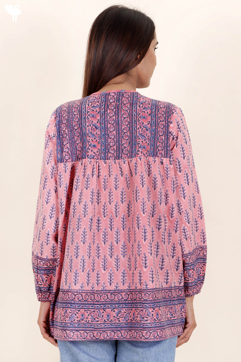 Mulmul Cotton Peasant Top In Floral Block Print