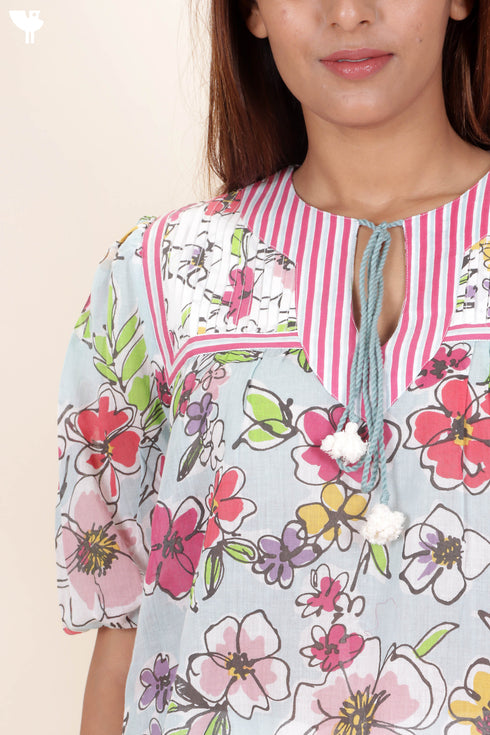Mulmul Cotton Peasant Top In Floral Print