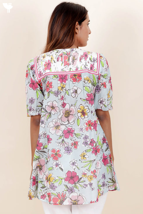 Mulmul Cotton Peasant Top In Floral Print