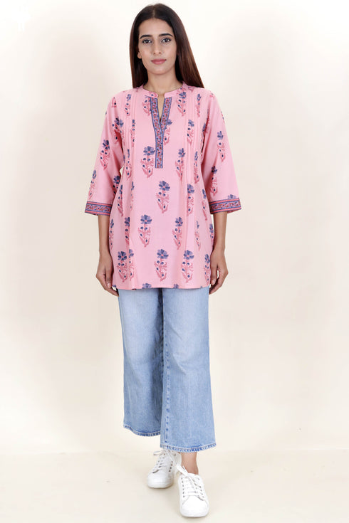 Cambric Cotton Top in Floral Block Print