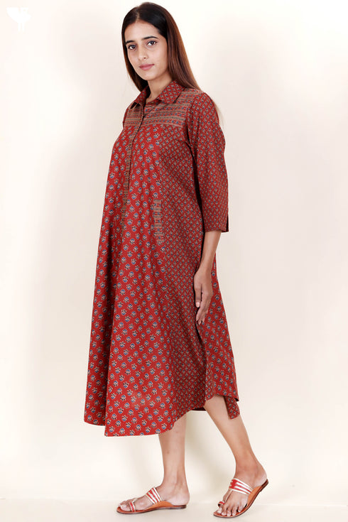 Cambric Cotton Midi Dress In Block Print