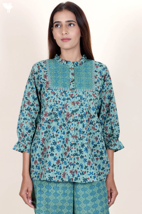 Cambric Cotton Top in Floral Block Print