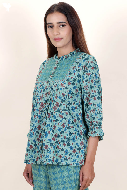 Cambric Cotton Top in Floral Block Print