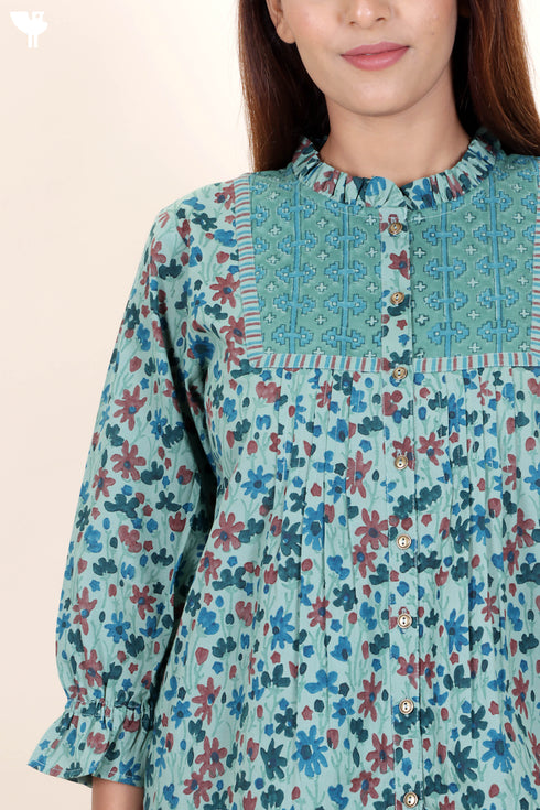 Cambric Cotton Top in Floral Block Print