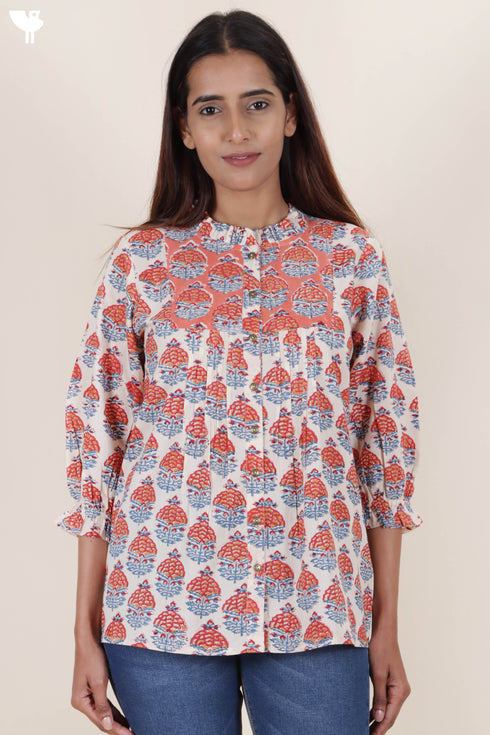 Cambric Cotton Top in Floral Block Print