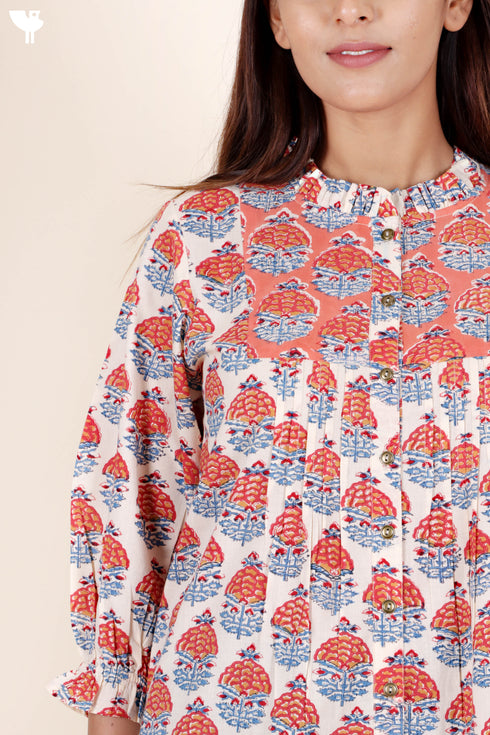 Cambric Cotton Top in Floral Block Print