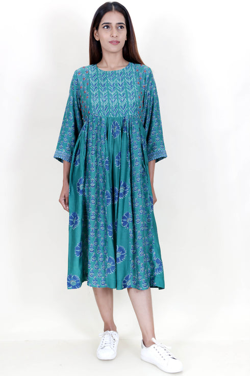 Modal Silk Peasant Dress With Floral Block Print