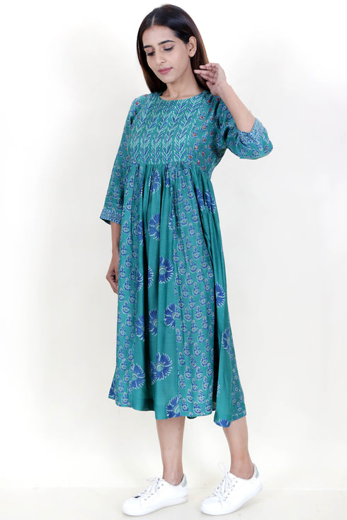Modal Silk Peasant Dress With Floral Block Print