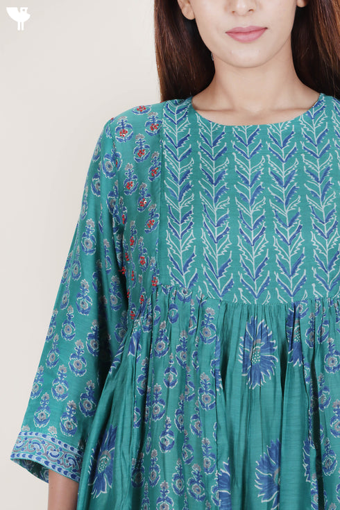 Modal Silk Peasant Dress With Floral Block Print