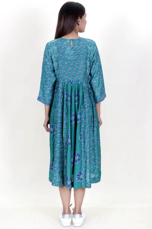 Modal Silk Peasant Dress With Floral Block Print