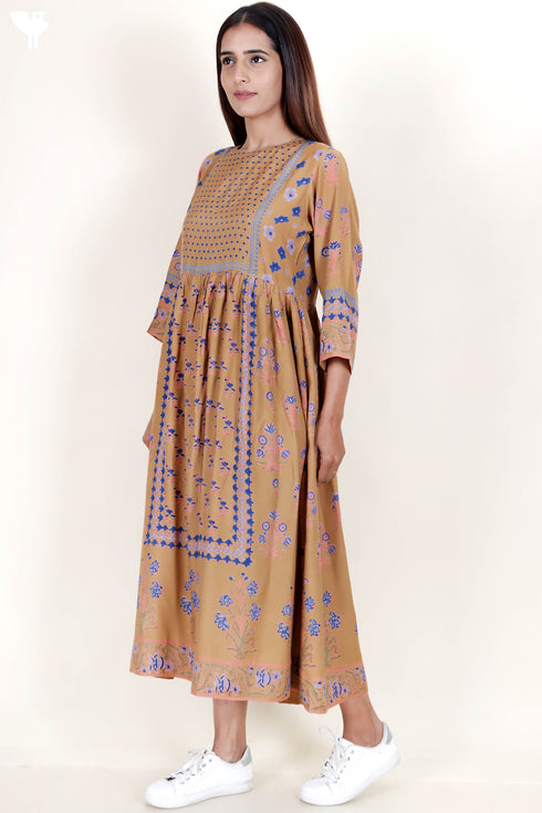 Rayon Peasant Dress With Floral Block Print