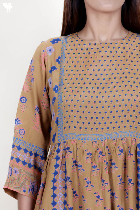 Rayon Peasant Dress With Floral Block Print