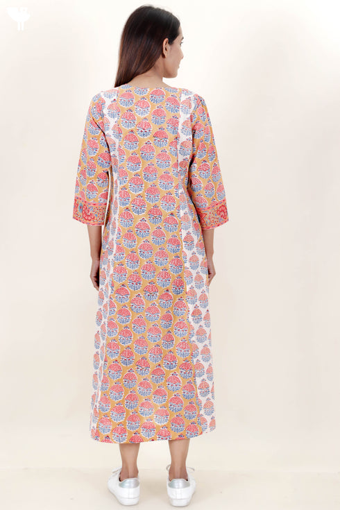 Cambric Cotton Dress In Floral Block Print
