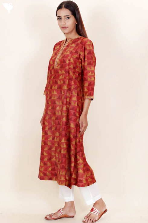 Cotton Silk Kurta In Geometric Block Print