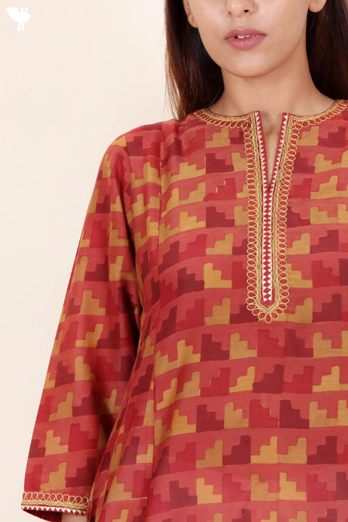 Cotton Silk Kurta In Geometric Block Print