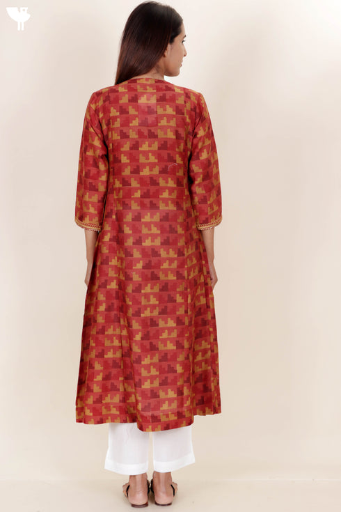 Cotton Silk Kurta In Geometric Block Print