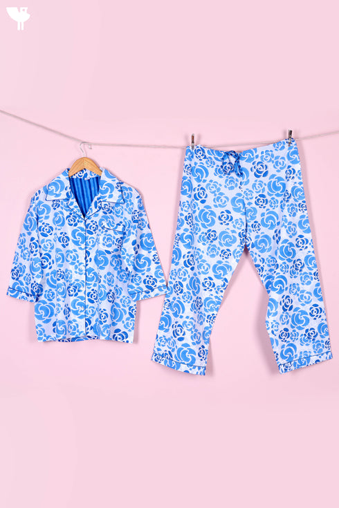 Cambric Cotton Cropped Pajama Set In Floral Block Print
