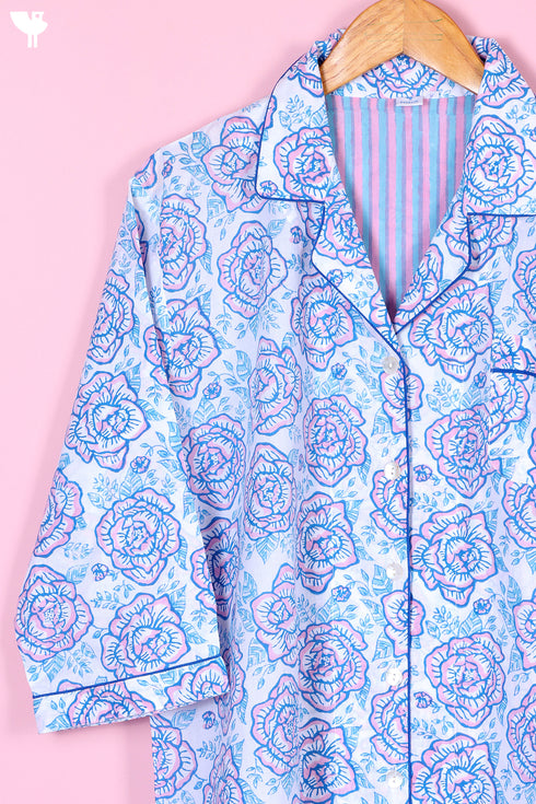 Cambric Cotton Long Pajama Set In Floral Block Print