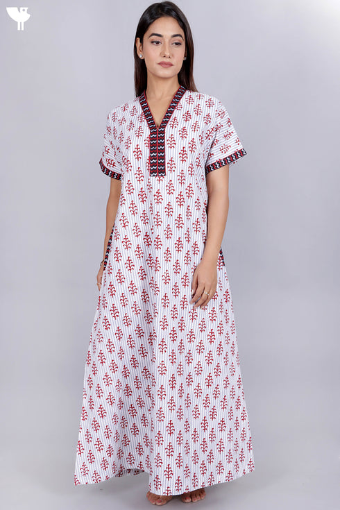 60’s Cotton V-neck Kaftan In Block Print