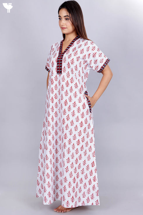 60’s Cotton V-neck Kaftan In Block Print