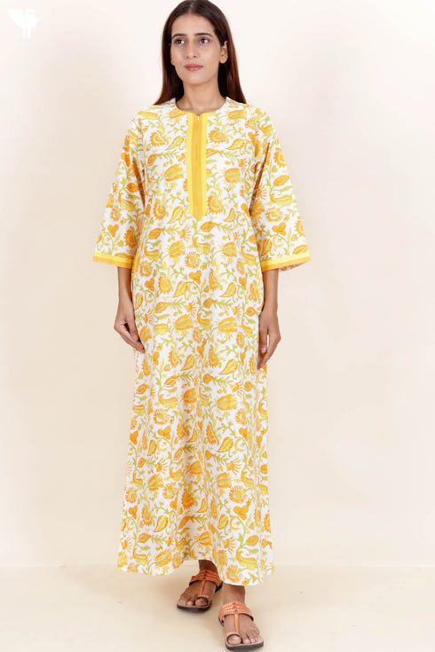 40s Cotton Zip Kaftan In Floral Block Print