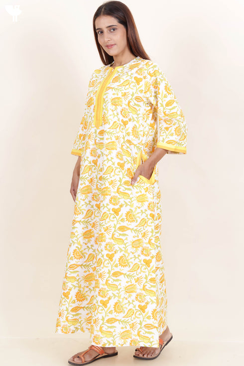 40s Cotton Zip Kaftan In Floral Block Print