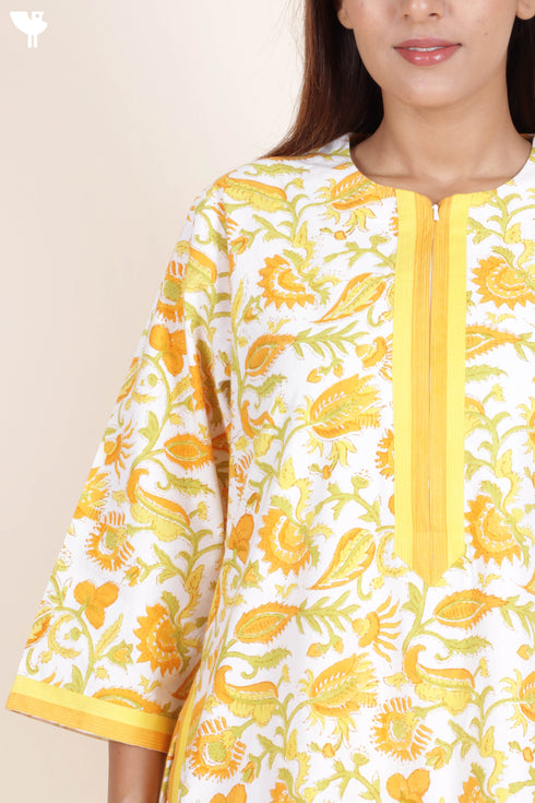 40s Cotton Zip Kaftan In Floral Block Print