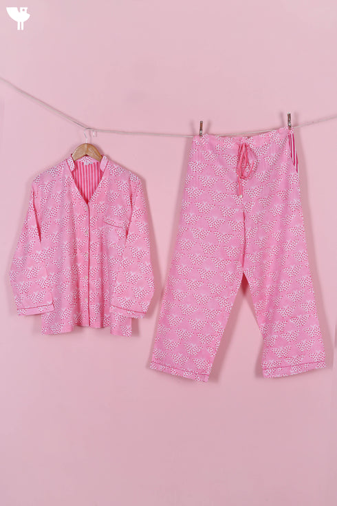 Cambric Cotton Long Pajama Set In Floral Block Print