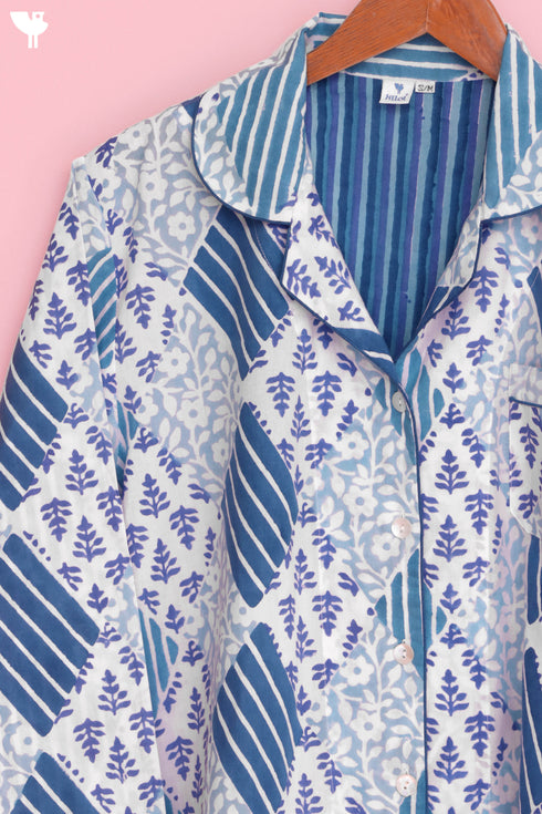 Cambric Cotton Long Pajama Set In Graphic Block Print