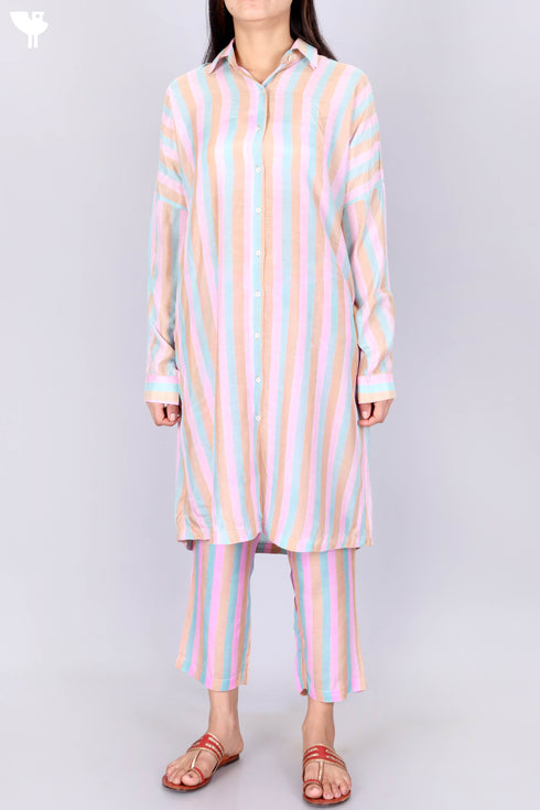 Modal Silk Full Sleeved Pajama Set In Striped Block Print