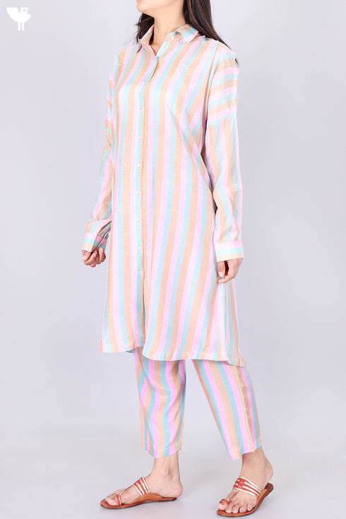 Modal Silk Full Sleeved Pajama Set In Striped Block Print