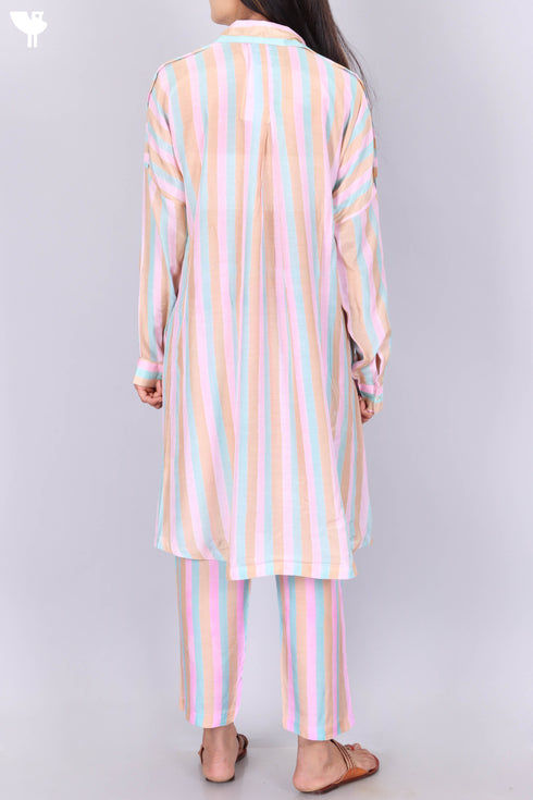 Modal Silk Full Sleeved Pajama Set In Striped Block Print
