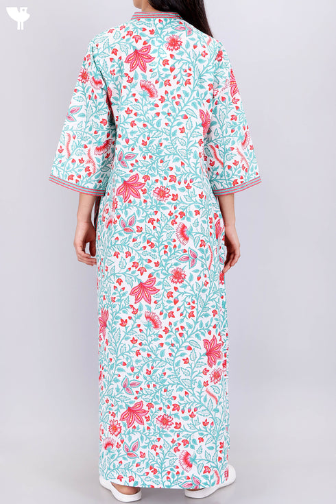 60’s Cotton V-Neck Sleeved Kaftan In Floral Print