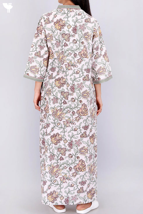 60’s Cotton V-Neck Sleeved Kaftan In Floral Print