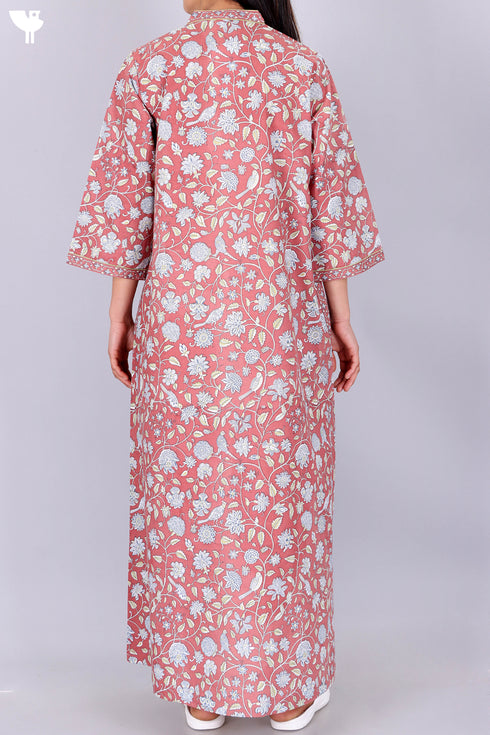 60’s Cotton V-Neck Full Sleeved Kaftan In Floral Print