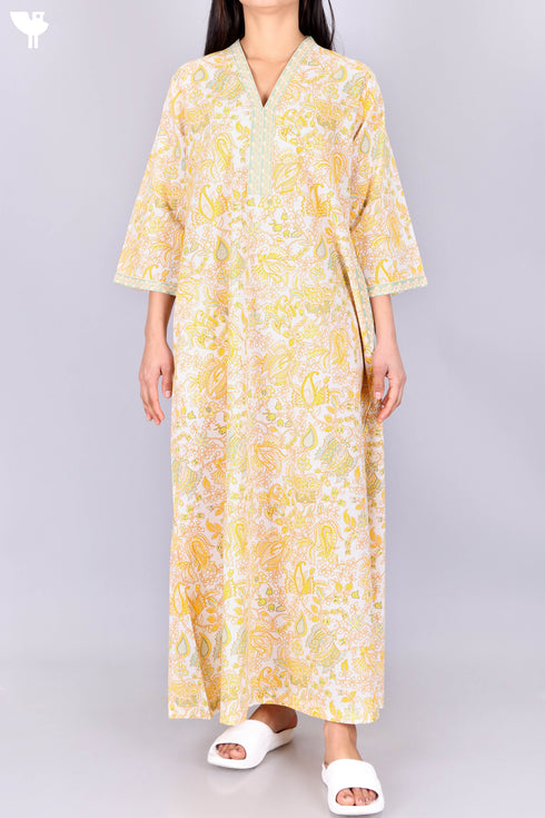 60’s Cotton V-Neck Full Sleeved Kaftan In Floral Print