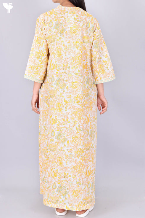 60’s Cotton V-Neck Full Sleeved Kaftan In Floral Print