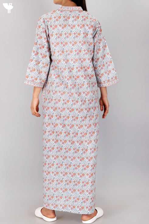 60’s Cotton V-Neck Sleeved Kaftan In Floral Print